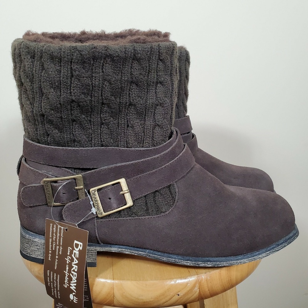 Bearpaw Shania 10 womens suede leather cable knit shaft wool shearling boots NWT